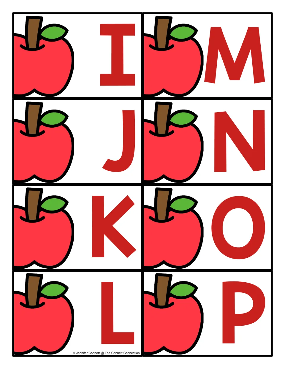 Apple alphabet cards I–P: eight uppercase letter cards, each pairing a red letter with a red apple picture