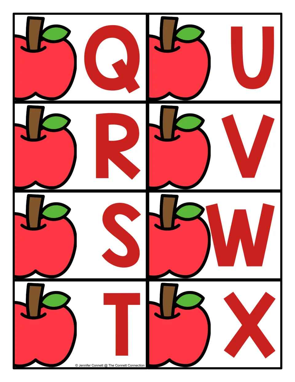 Apple alphabet cards Q–X: eight uppercase letter cards, each pairing a red letter with a red apple picture