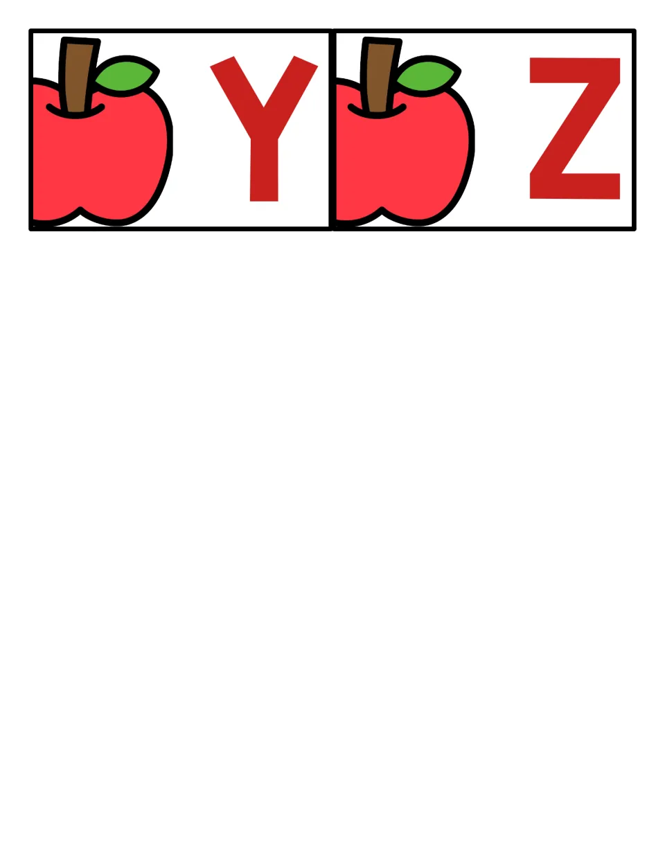 Apple alphabet cards Y and Z: the final two uppercase letter cards, each paired with a red apple picture