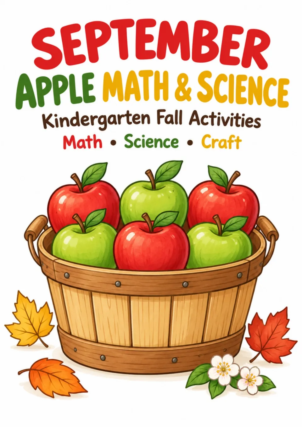 Cover for September Apple Math & Science kindergarten fall activities, identifying math, science, and craft