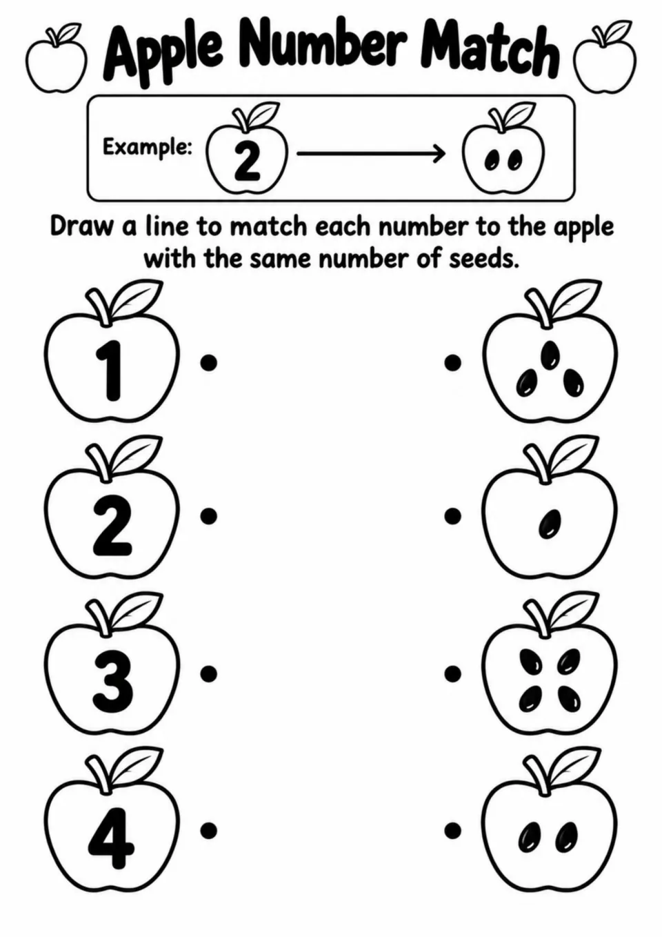 Apple Number Match activity asks students to match numerals 1–4 to apples containing the same number of seeds
