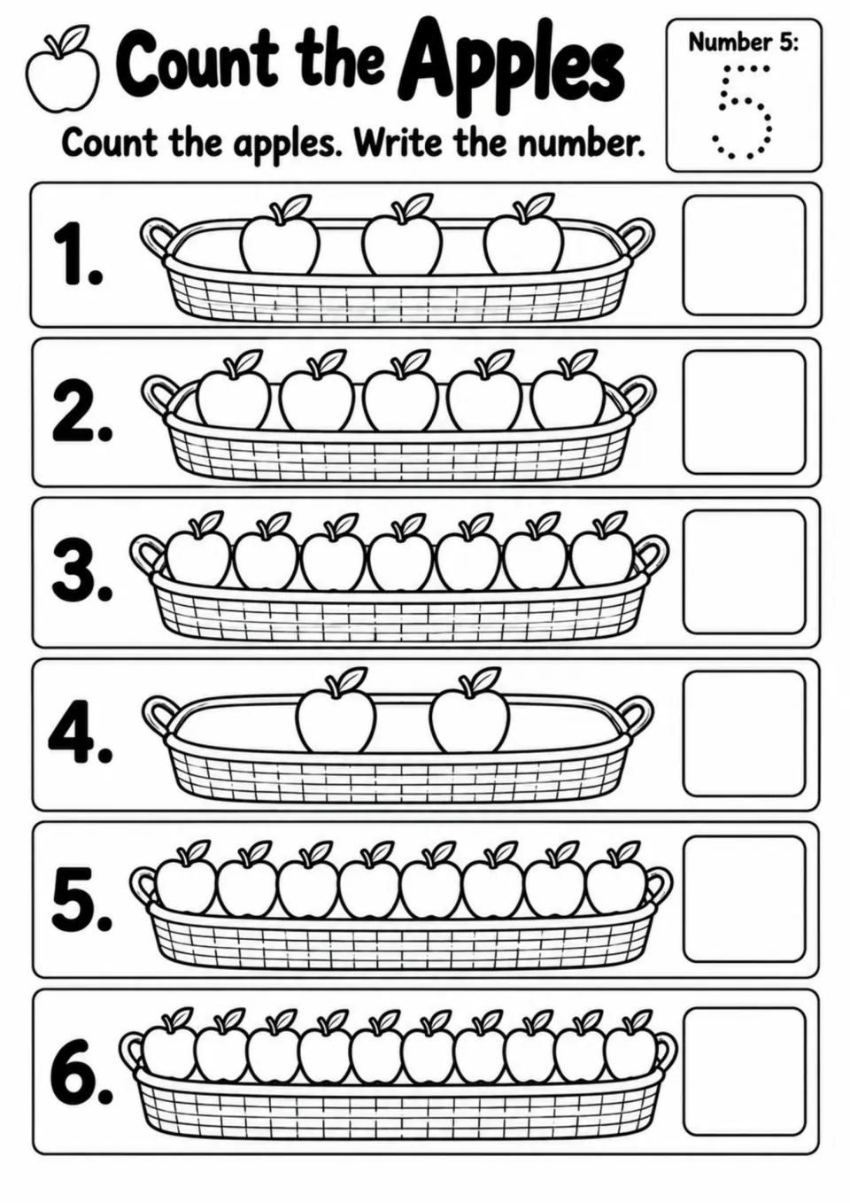 Count the Apples activity asks students to count six groups of apples and write each total, with a dotted 5