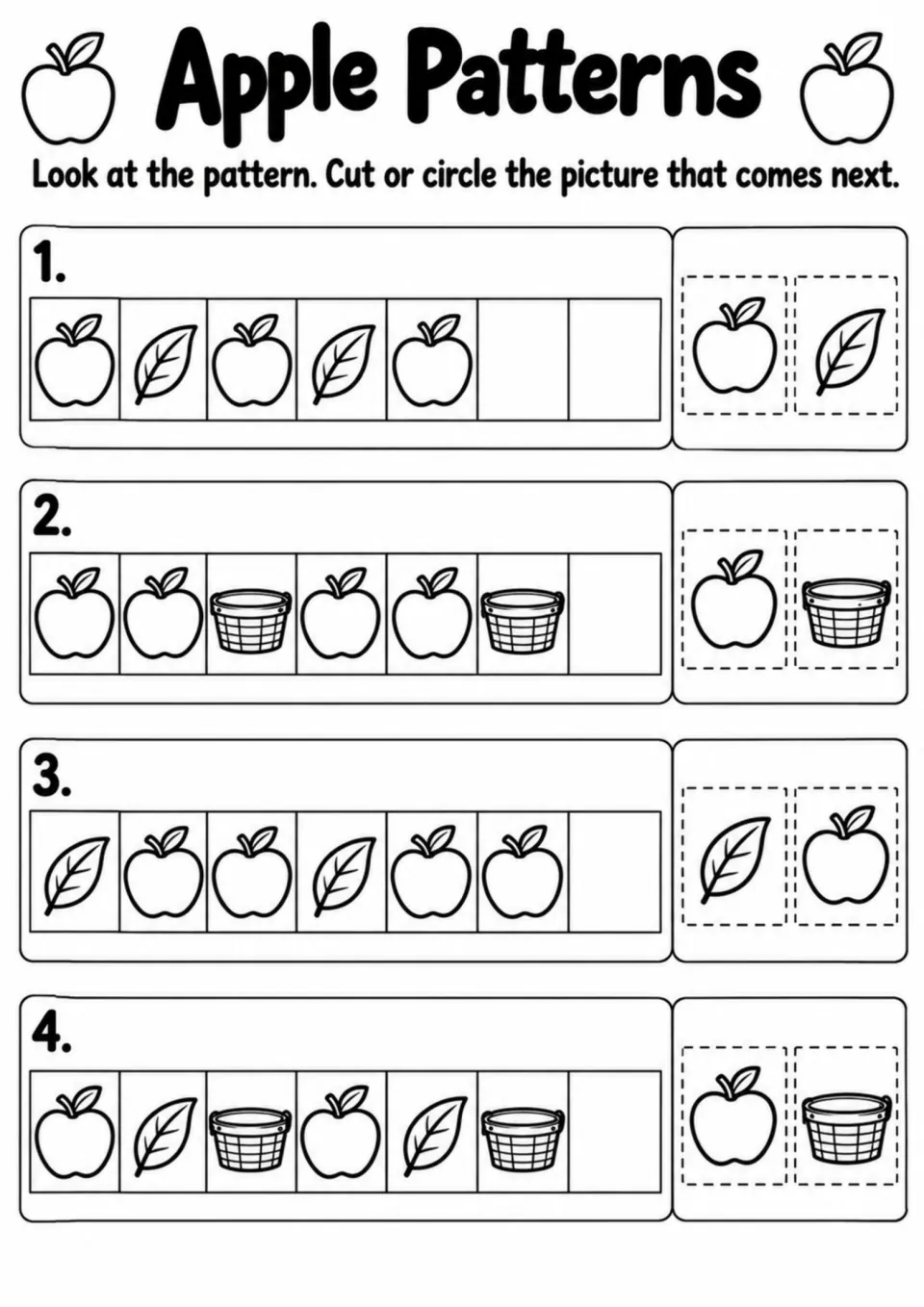 Apple Patterns activity uses four sequences of apples, leaves, and baskets to choose which picture comes next