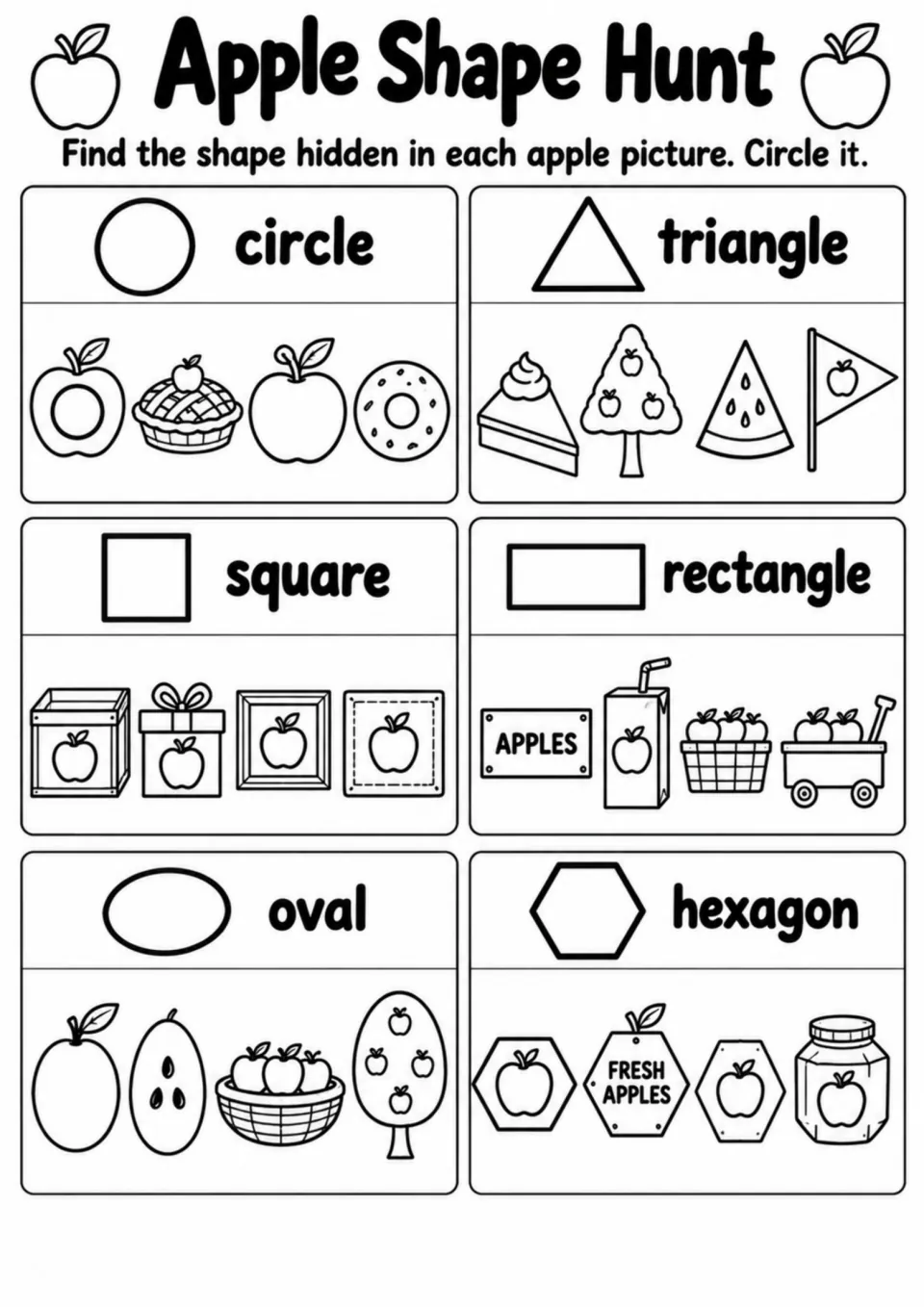Apple Shape Hunt activity asks students to find circles, triangles, squares, rectangles, ovals, and hexagons