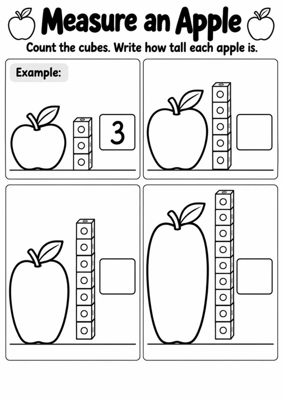 Measure an Apple activity gives a three-cube example and three apple pictures beside cube stacks to count
