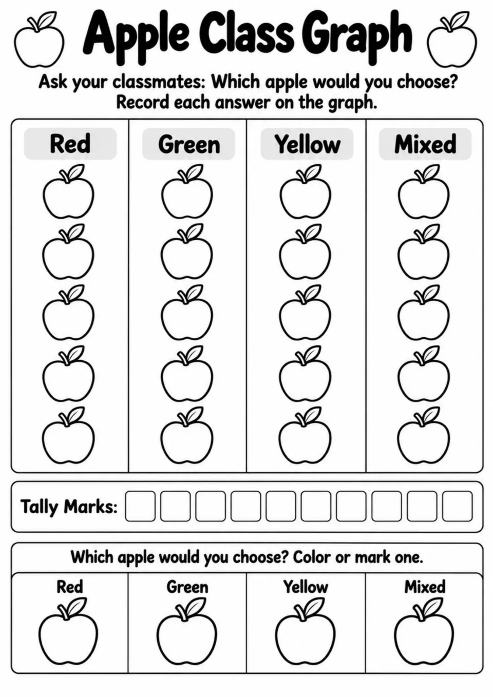 Apple Class Graph activity records classmates' red, green, yellow, or mixed apple choices and tally marks