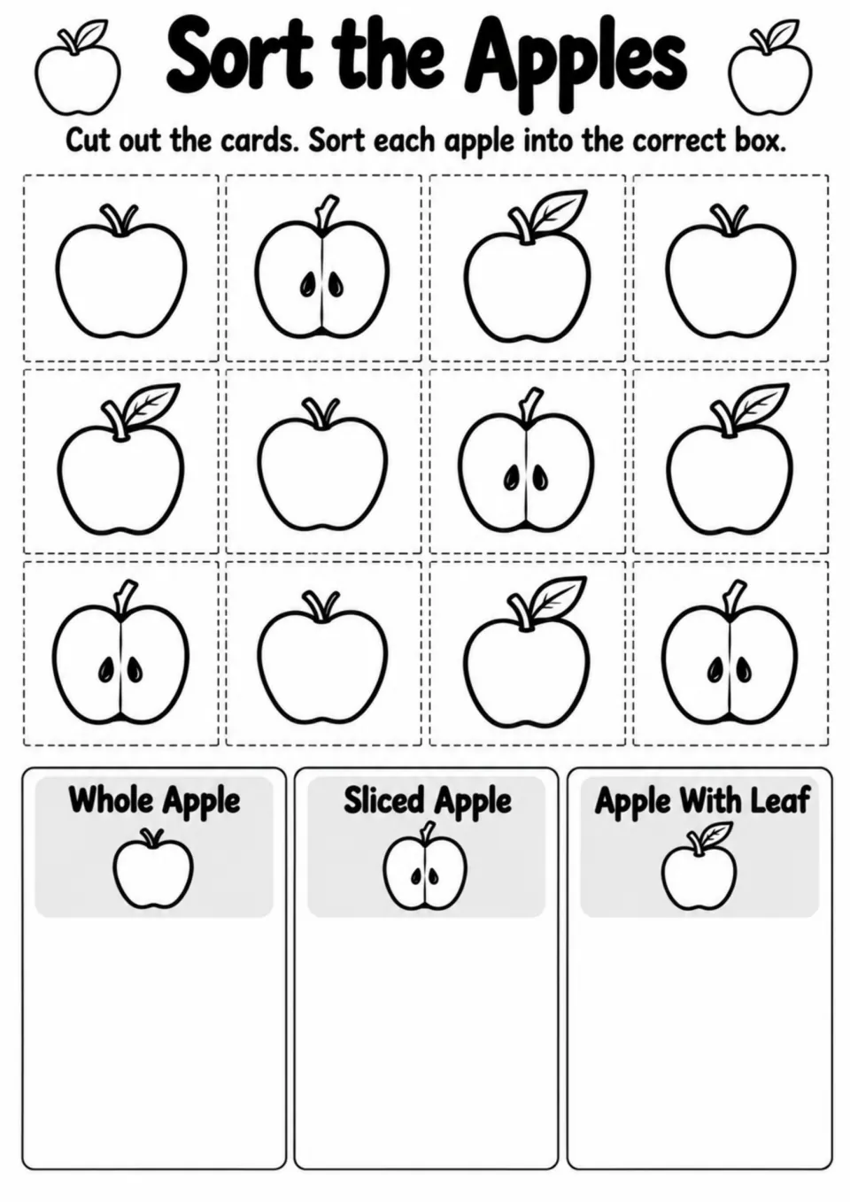 Sort the Apples activity has 12 cutout cards to classify as whole apple, sliced apple, or apple with leaf