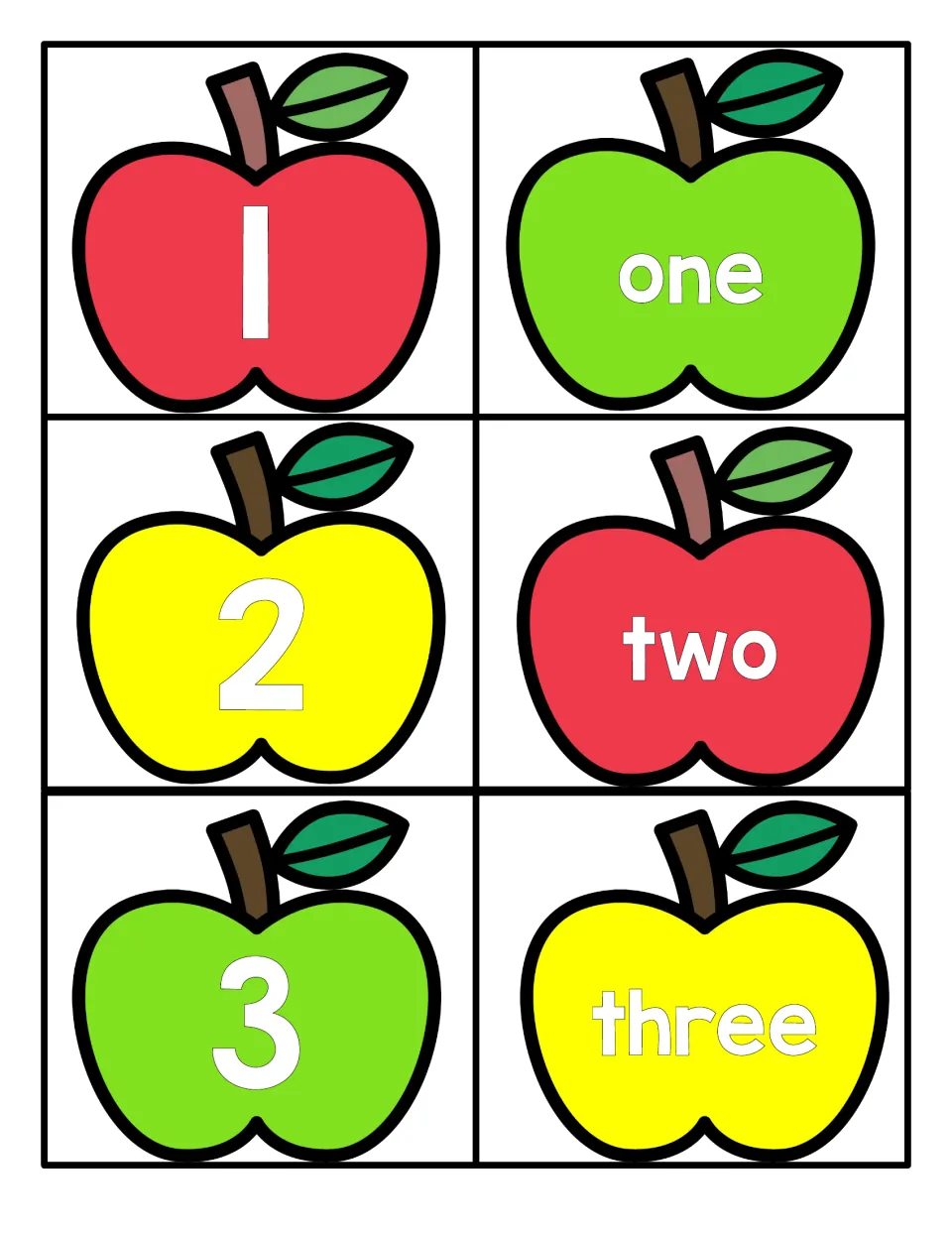Numbers 1 to 3: six apple cards, three showing numerals and three showing the words one, two and three, to match up