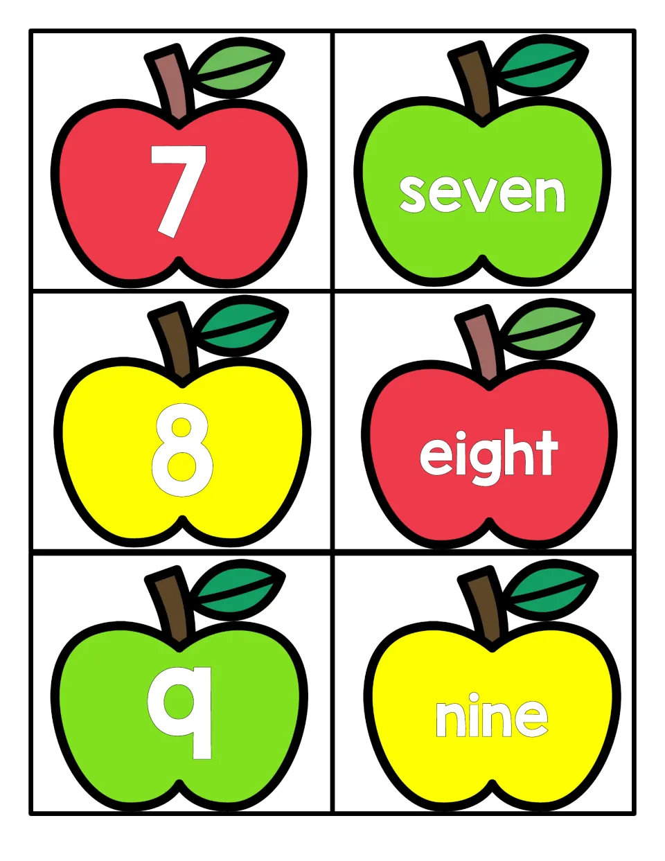 Numbers 7 to 9 apple cards: students match the numerals 7, 8 and 9 to the number words seven, eight and nine