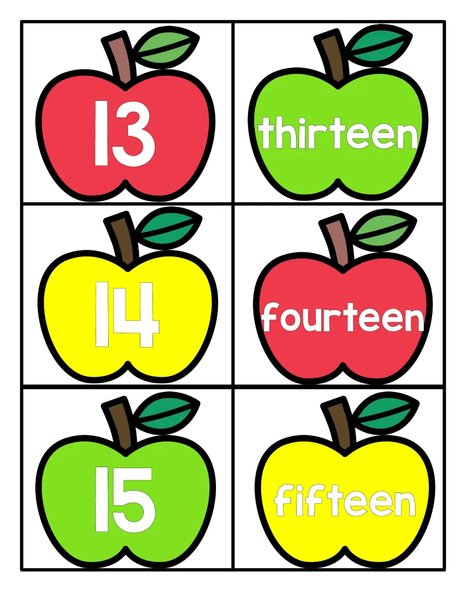 Teen numbers 13 to 15 on apples: numeral cards 13, 14, 15 to pair with the spelled-out words thirteen, fourteen, fifteen