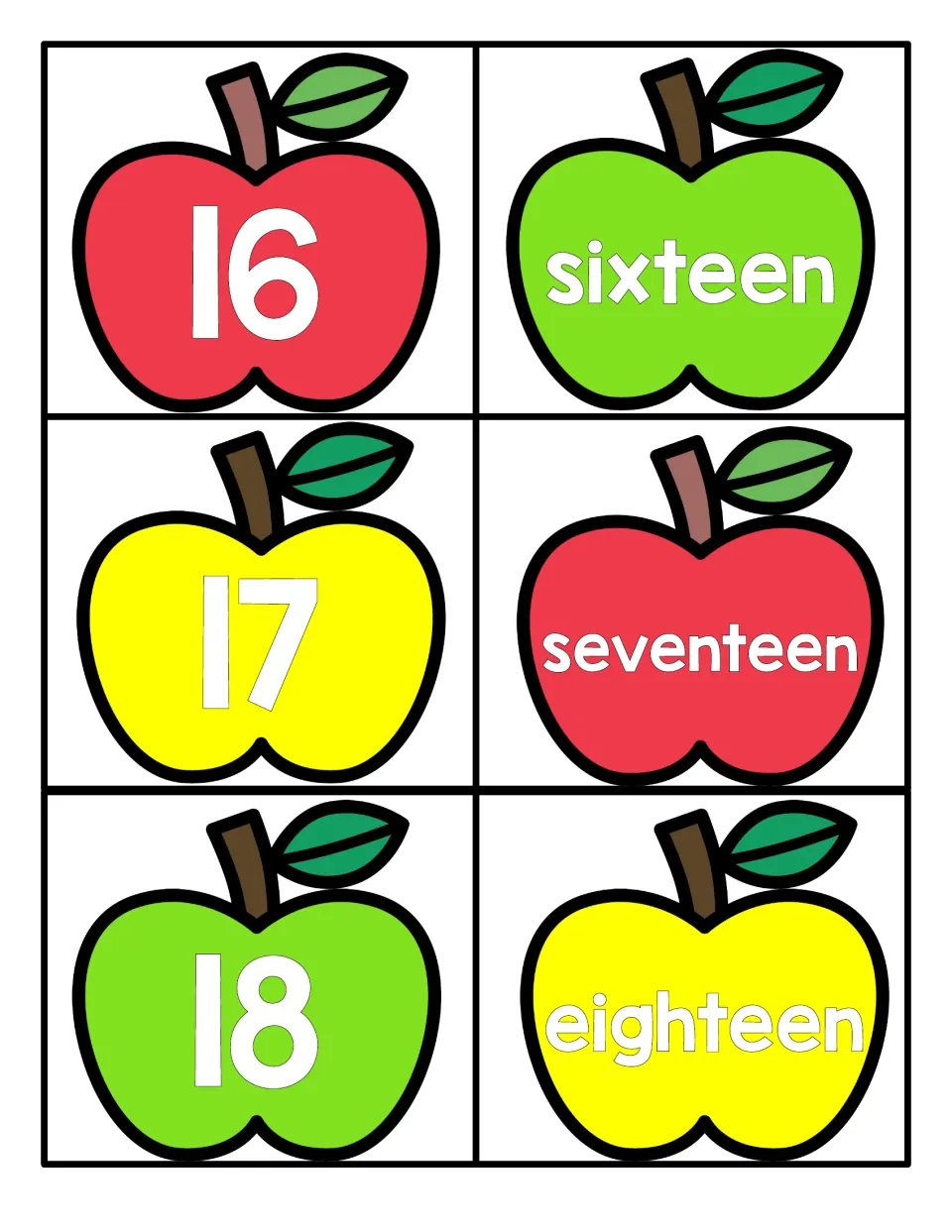 Teen numbers 16 to 18 apple cards: students match numerals 16, 17 and 18 with the words sixteen, seventeen and eighteen