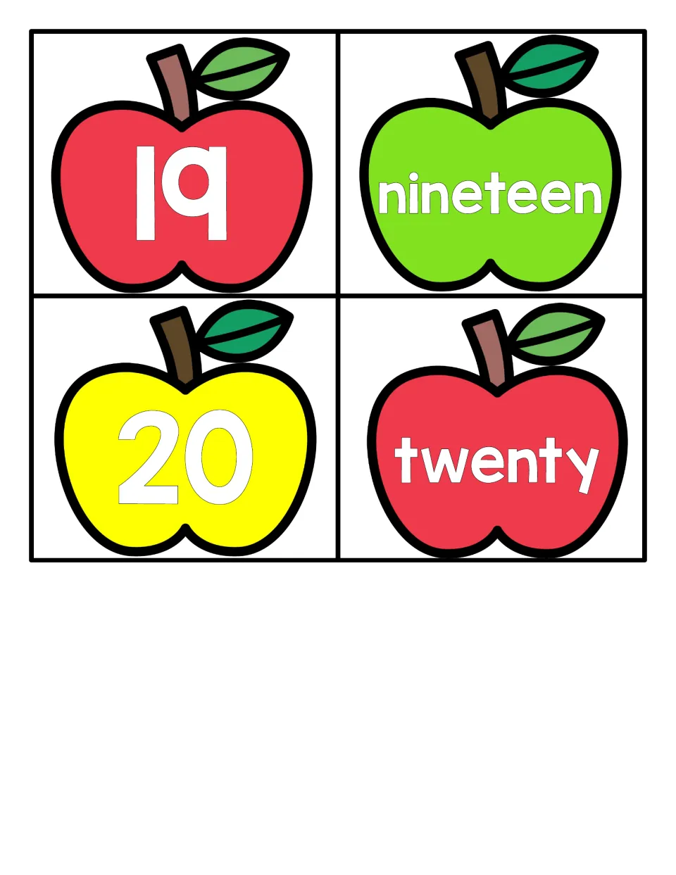 Numbers 19 and 20 apple cards: four cards pairing the numerals 19 and 20 with the number words nineteen and twenty