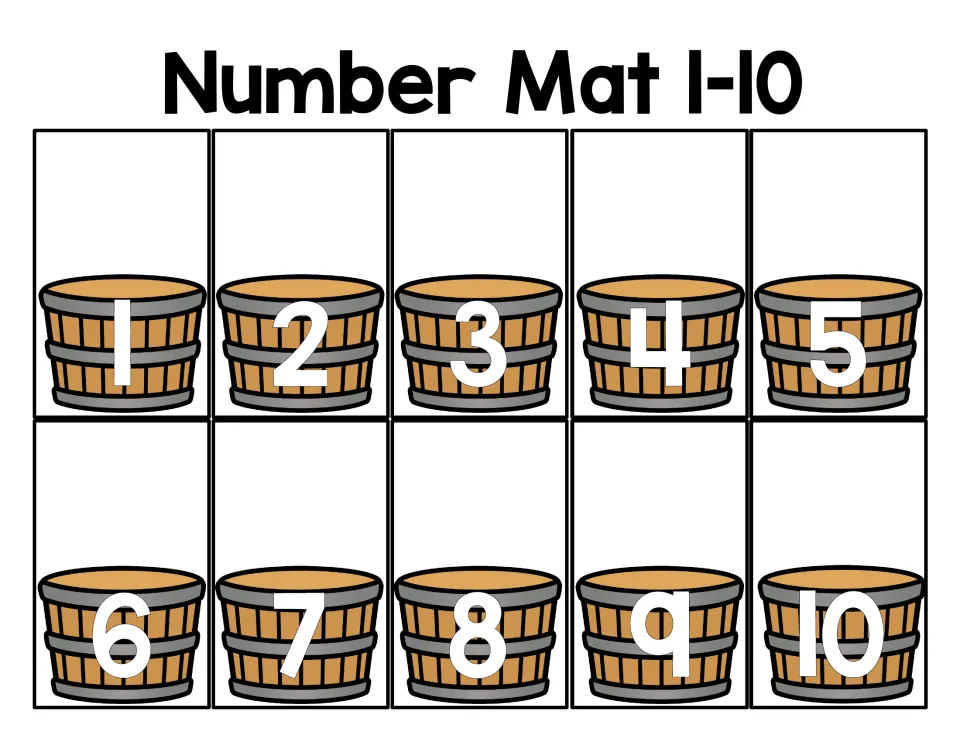 Number Mat 1-10: number recognition with the numerals 1 to 10 printed in order on ten wooden bushel baskets