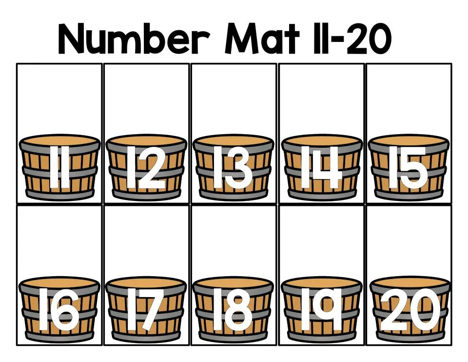 Number Mat 11-20: students recognize the teen numbers 11 through 20, each shown on its own wooden bushel basket