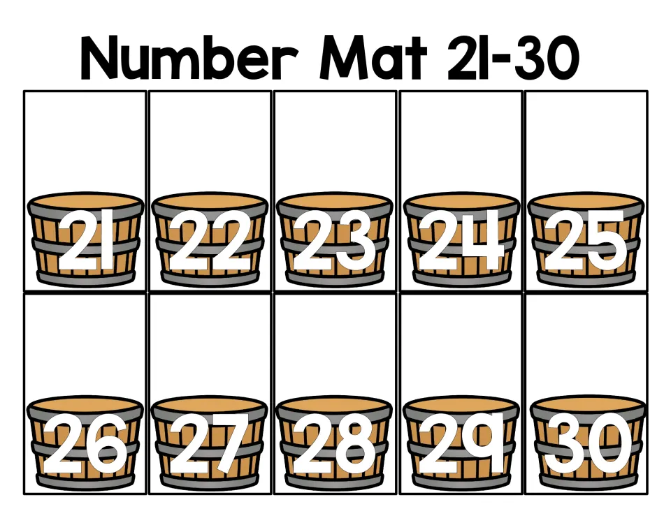Number Mat 21-30: number recognition for 21 to 30, with each numeral in white on one of ten bushel baskets