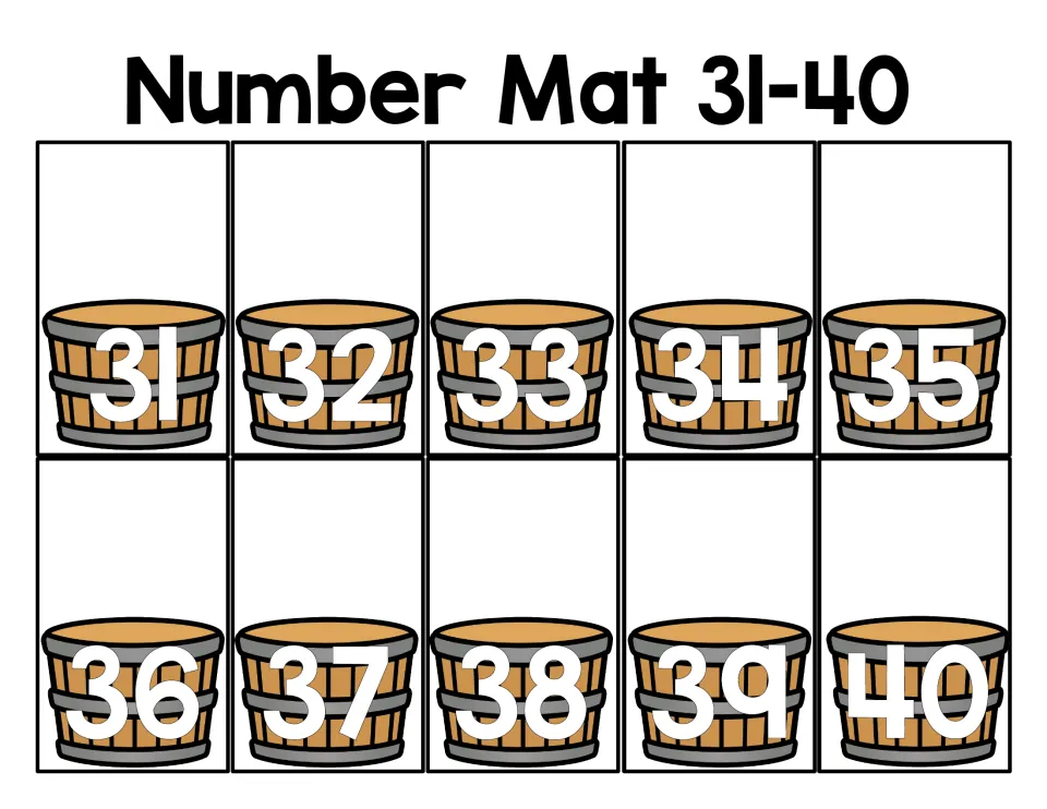 Number Mat 31-40: students identify the numerals 31 through 40, set in counting order across ten bushel baskets