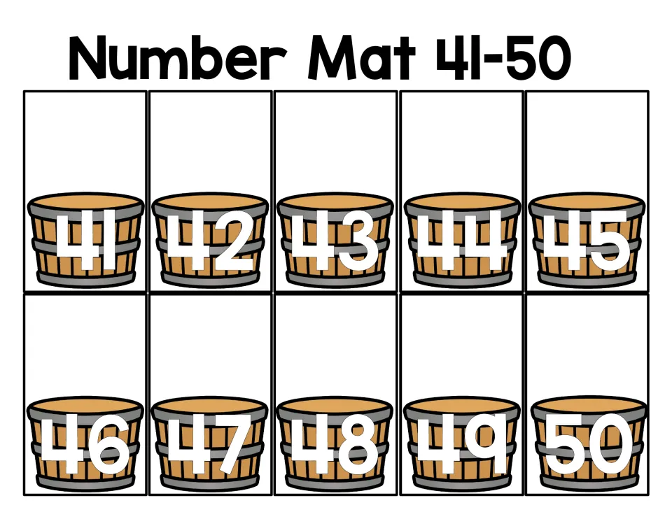 Number Mat 41-50: number recognition from 41 to 50, each numeral printed large on its own wooden bushel basket