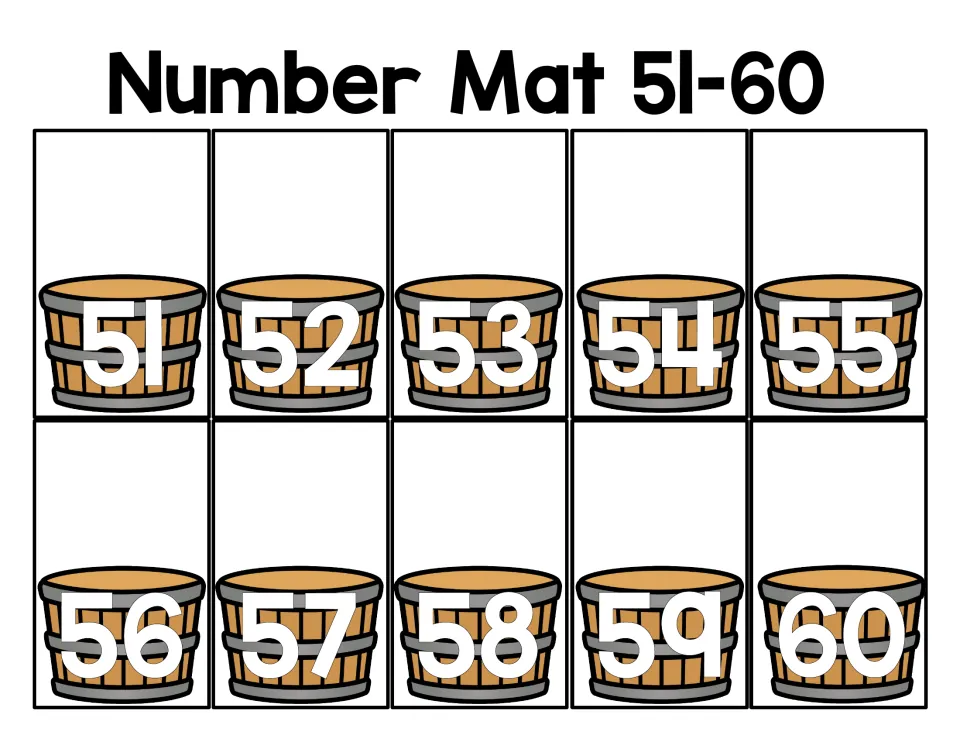 Number Mat 51-60: students read and recognize the numerals 51 through 60 shown on ten wooden bushel baskets