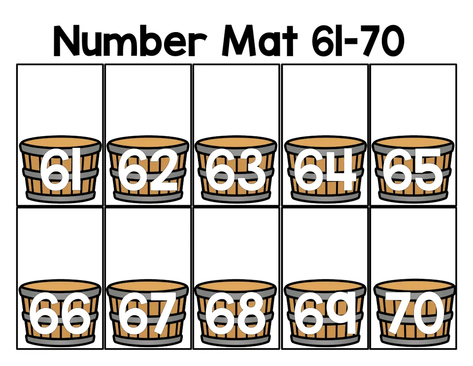 Number Mat 61-70: number recognition with 61 to 70 in order, one white numeral on each of ten bushel baskets