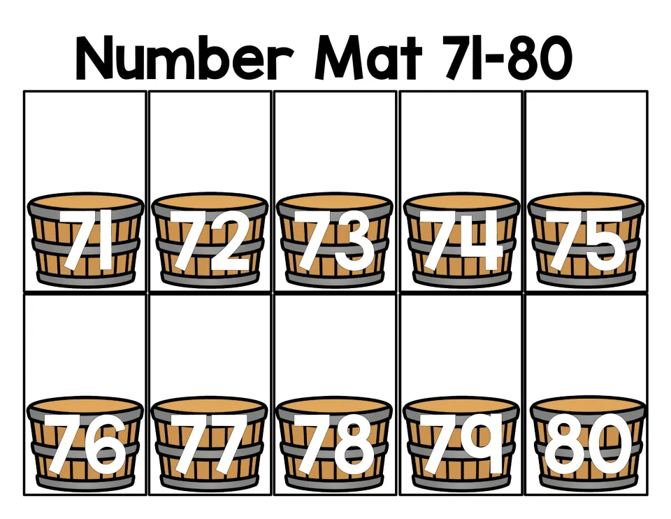 Number Mat 71-80: students identify the numerals 71 through 80, each labeled on its own wooden bushel basket