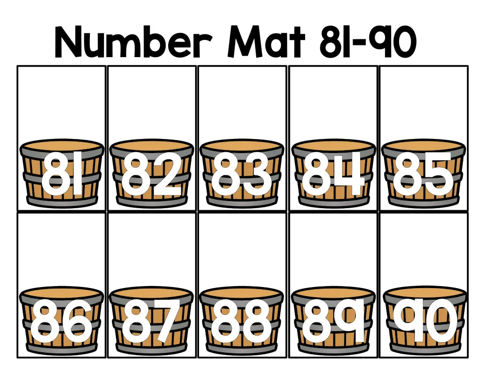 Number Mat 81-90: number recognition for 81 to 90, shown in counting order on ten wooden bushel baskets