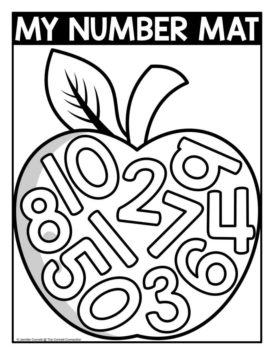 Black-and-white number mat, 0 to 10: students seek and color each outlined number in the apple for recognition