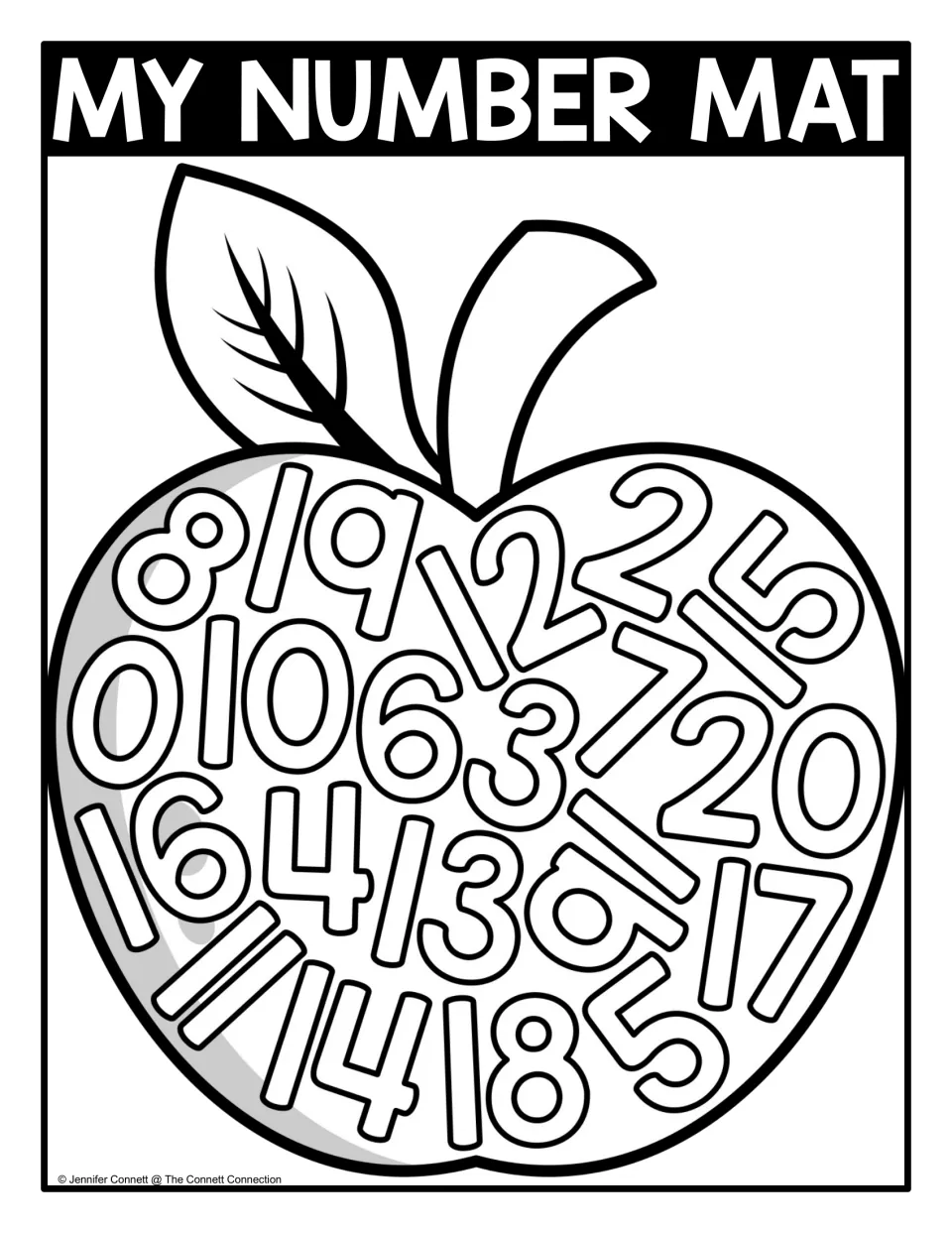 Black-and-white number mat, 0 to 20: students find and color each outlined number in the apple for recognition to 20