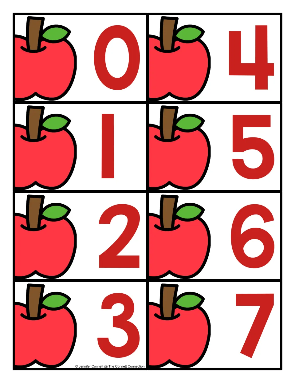 Apple number cards 0 to 7: each card pairs a red apple with a red numeral for students to draw and find on the mat