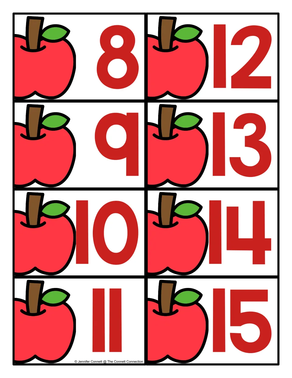 Apple number cards 8 to 15: red numerals beside apples that students pick to name a number and locate it on their mat