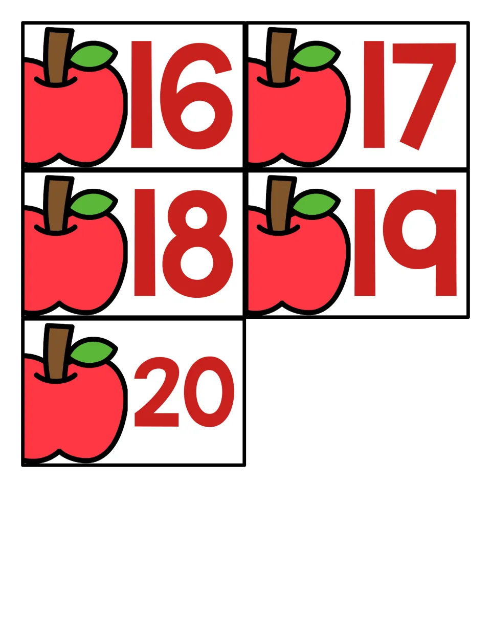 Apple number cards 16 to 20: five cards with an apple and red numeral, finishing the set used to call numbers to find
