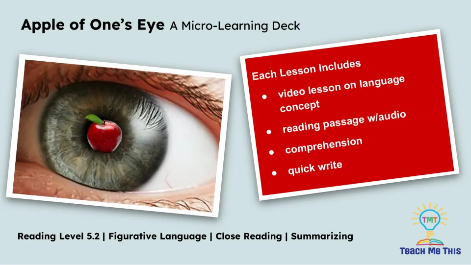 Apple of One’s Eye micro-learning deck cover lists a video lesson, reading with audio, comprehension, and quick write