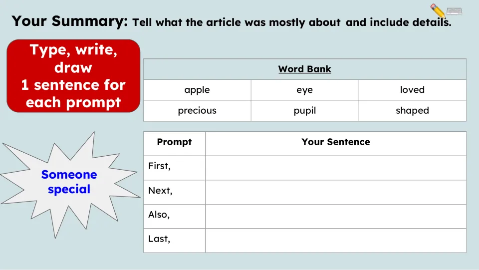 Summary task asks for one sentence each for First, Next, Also, and Last, using a six-word bank about the idiom.