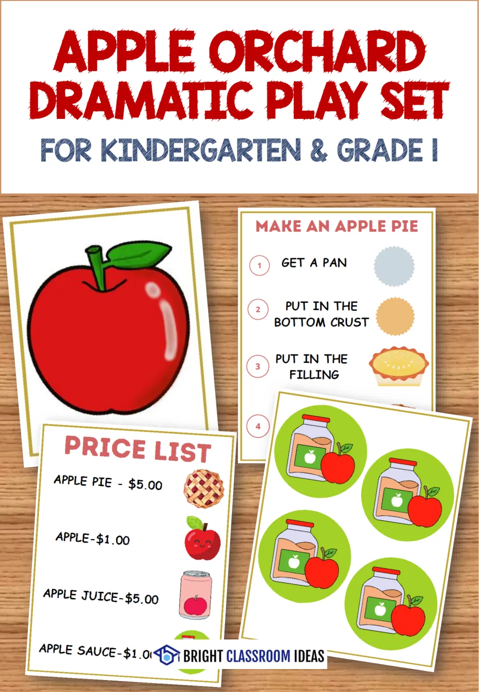 Apple Orchard Dramatic Play Set cover showing a big apple card, price list, apple pie steps and applesauce jar cards