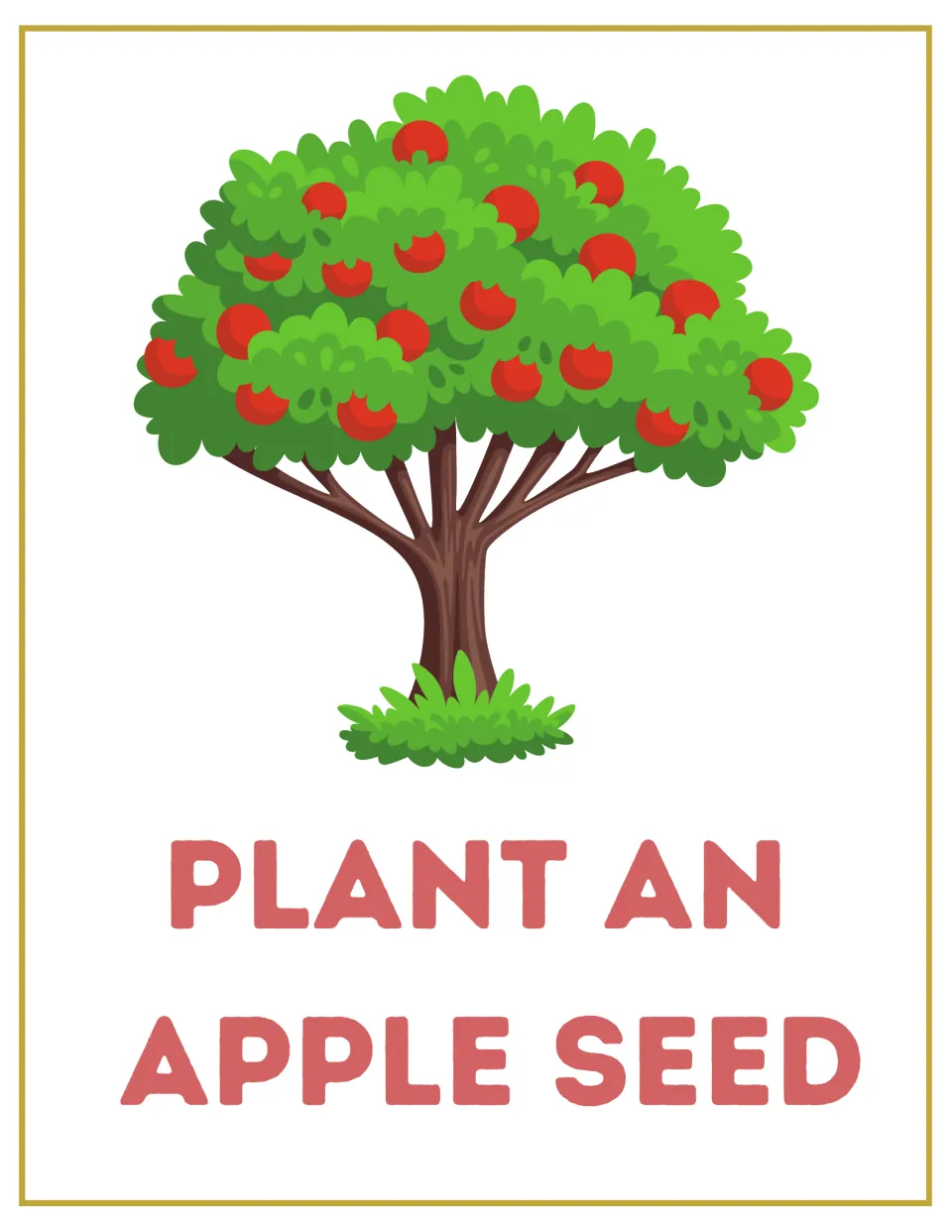 Plant an apple seed sign: a large apple tree full of red apples labels the planting station for pretend orchard play