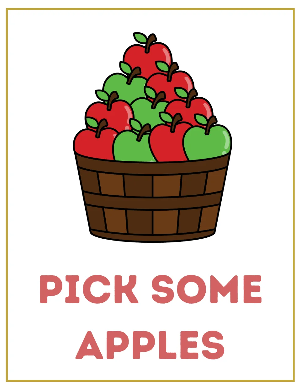 Pick some apples sign: a wooden bushel basket heaped with red and green apples marks the apple-picking station
