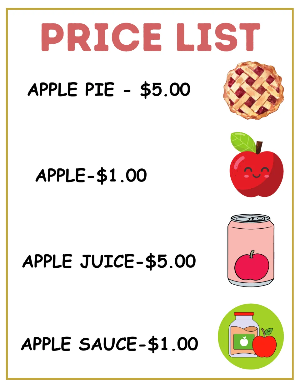 Apple shop price list: apple pie $5.00, apple $1.00, apple juice $5.00 and applesauce $1.00, each with a picture