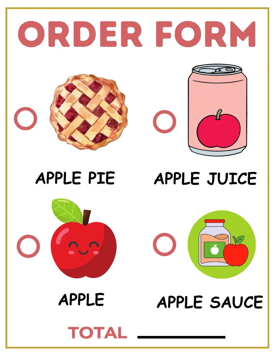 Apple shop order form: customers check off apple pie, apple juice, apple and applesauce, then write a total