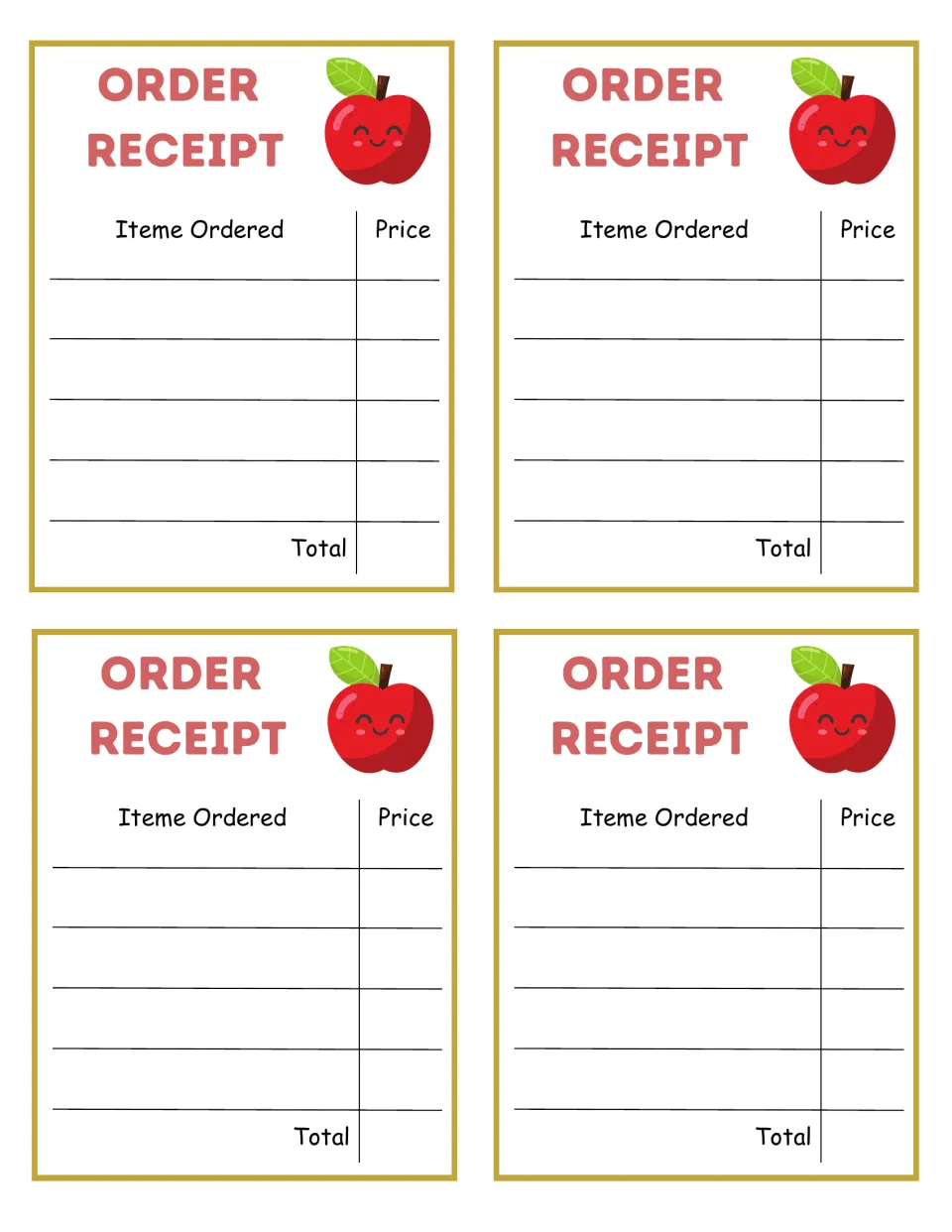 Four order receipts with an apple mascot: students list items ordered and prices, then add up the total cost