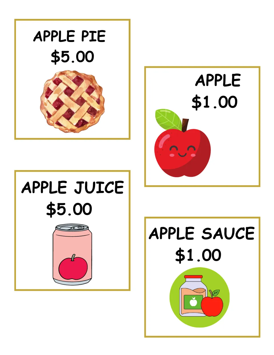 Apple shop price tags: apple pie $5.00, apple $1.00, apple juice $5.00 and applesauce $1.00 cards to cut and label goods