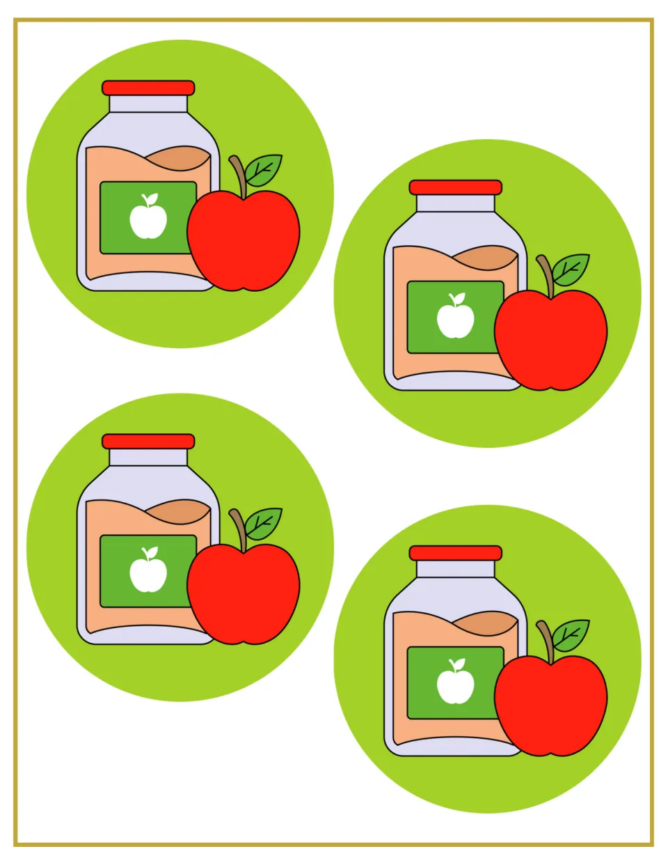 Applesauce cut-outs: four round cards each showing a jar of applesauce beside a red apple, play food pieces for the shop