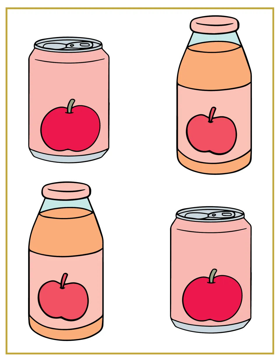 Apple juice cut-outs: two cans and two bottles of juice, each with an apple on the label, play drinks for the shop