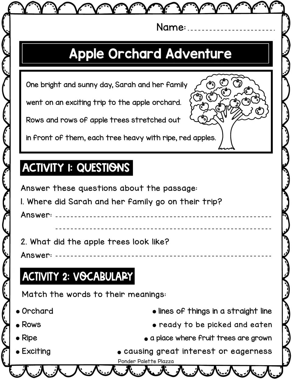 Apple Orchard Adventure passage: students read about Sarah's trip, answer 2 questions and match 4 vocabulary words