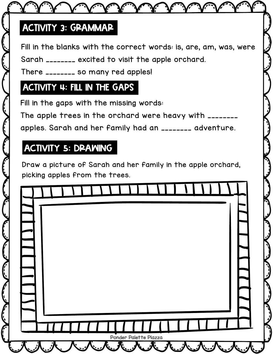 Orchard story follow-up: students fill blanks with is, are, am, was or were, complete gap sentences and draw the family