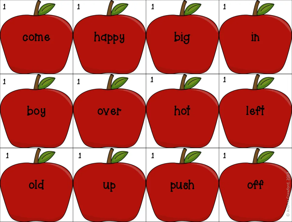 Set 1 red apple word cards to cut out: come, happy, big, in, boy, over, hot, left, old, up, push and off