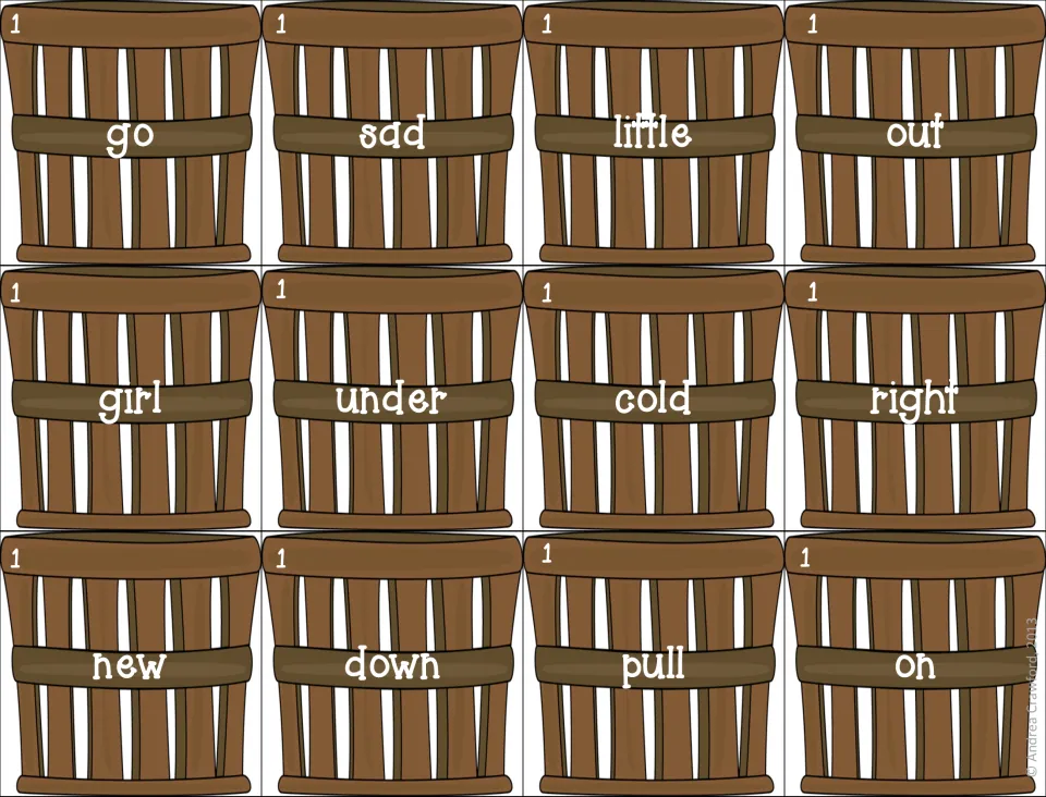 Set 1 bushel basket cards with opposites go, sad, little, out, girl, under, cold, right, new, down, pull and on