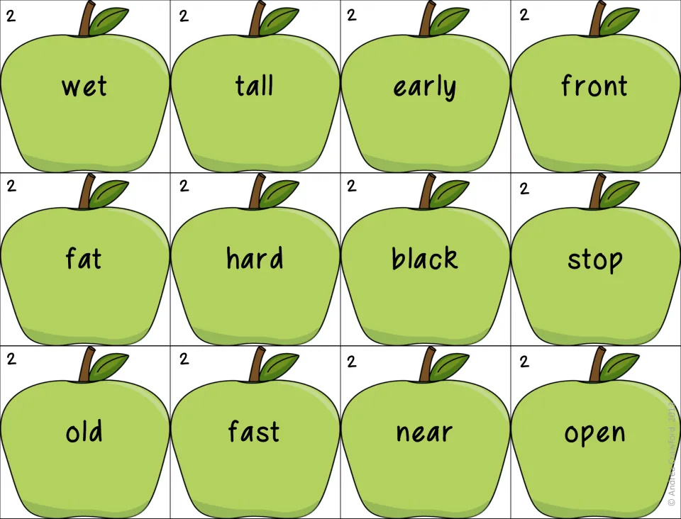 Set 2 green apple word cards: wet, tall, early, front, fat, hard, black, stop, old, fast, near and open