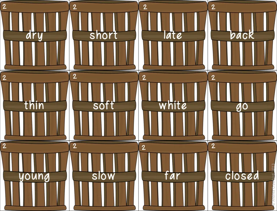 Set 2 basket cards for matching antonyms: dry, short, late, back, thin, soft, white, go, young, slow, far and closed