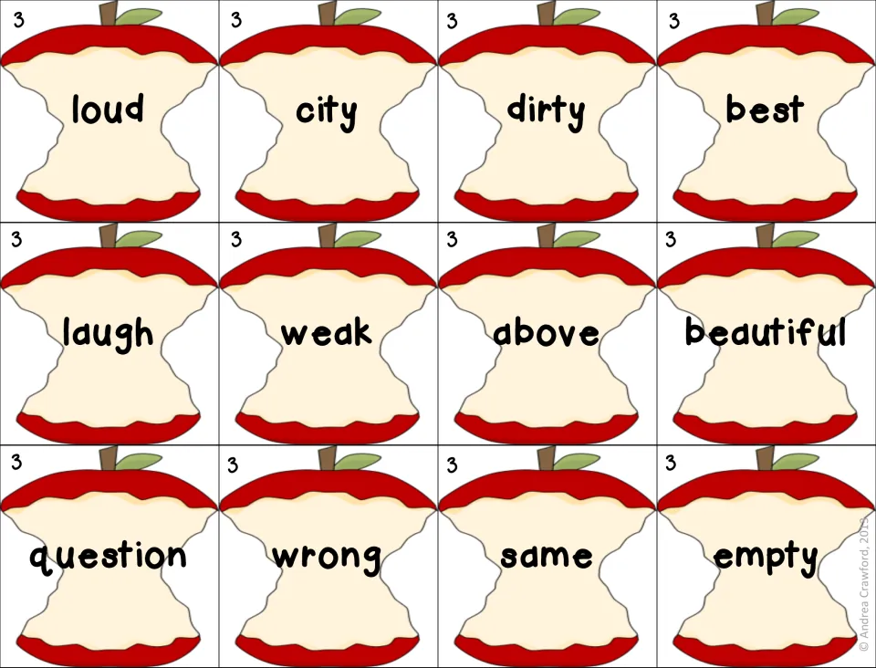 Set 3 apple core cards: loud, city, dirty, best, laugh, weak, above, beautiful, question, wrong, same and empty