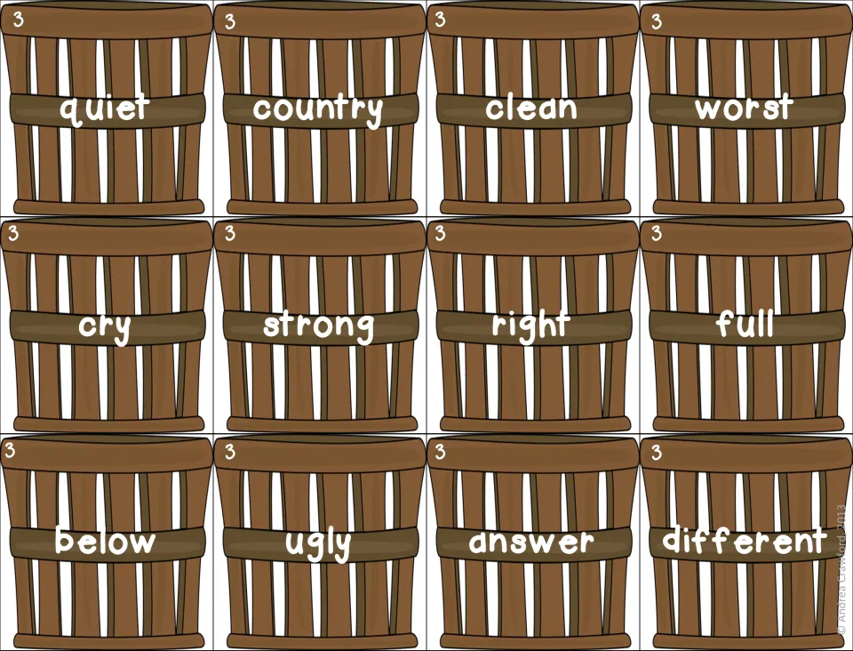 Set 3 basket opposites: quiet, country, clean, worst, cry, strong, right, full, below, ugly, answer and different