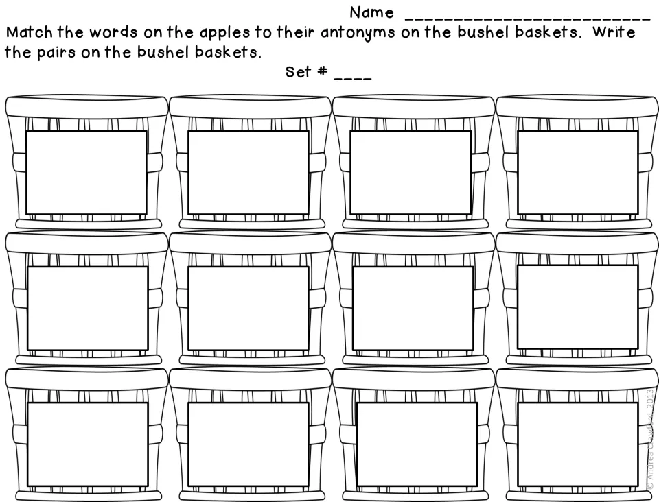 Antonym recording sheet: students write each matched word pair on 12 basket outlines and note the set number